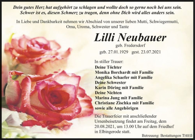  Traueranzeige für Lilli Neubauer (geb. Fredersdorf)  vom 07.08.2021 aus Magdeburger Volksstimme