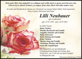 Traueranzeige von Lilli Neubauer (geb. Fredersdorf)  von Magdeburger Volksstimme