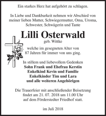 Traueranzeige von Lilli Osterwald (geb. Wittke)  von Magdeburger Volksstimme