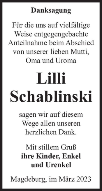 Traueranzeige von Lilli Schablinski  von Magdeburger Volksstimme