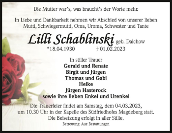 Traueranzeige von Lilli Schablinski (geb. Dalchow)  von Magdeburger Volksstimme