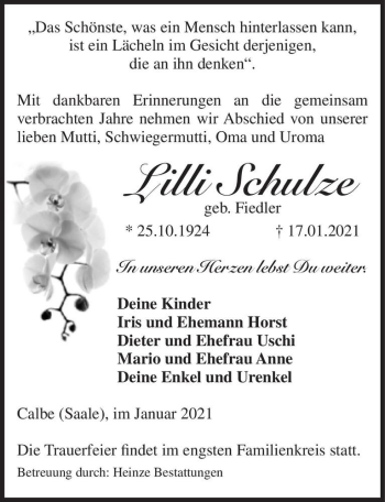Traueranzeige von Lilli Schulze (geb. Fiedler)  von Magdeburger Volksstimme