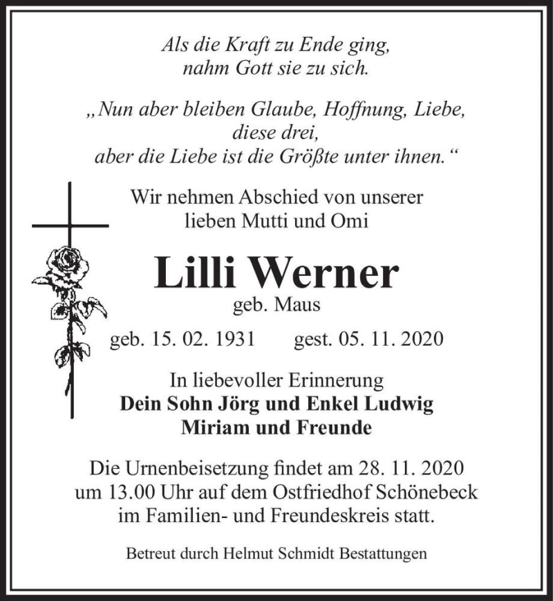  Traueranzeige für Lilli Werner (geb. Maus)  vom 14.11.2020 aus Magdeburger Volksstimme