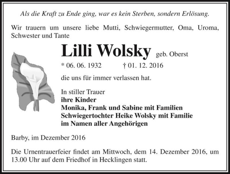  Traueranzeige für Lilli Wolsky (geb. Oberst)  vom 03.12.2016 aus Magdeburger Volksstimme