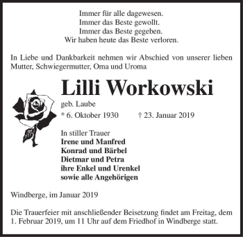 Traueranzeige von Lilli Workowski (geb. Laube)  von Magdeburger Volksstimme