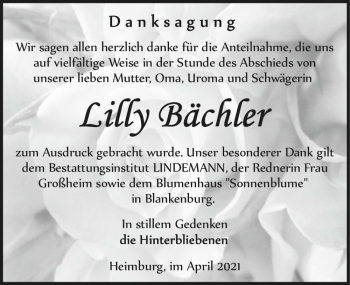 Traueranzeige von Lilly Baechler  von Magdeburger Volksstimme