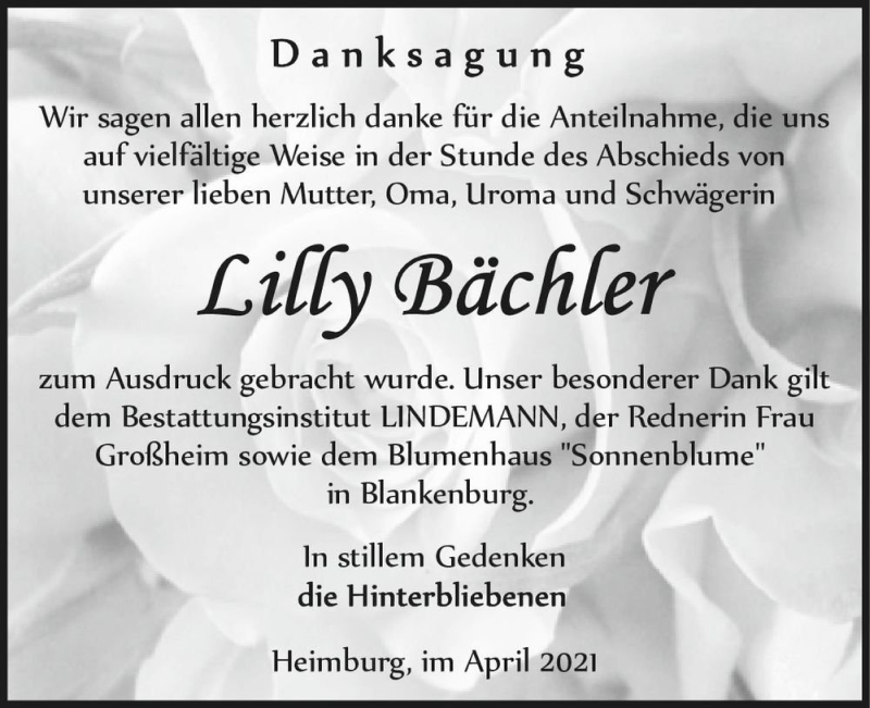  Traueranzeige für Lilly Baechler  vom 10.04.2021 aus Magdeburger Volksstimme