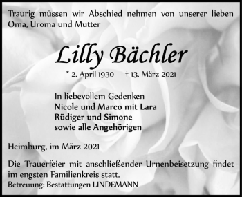 Traueranzeige von Lilly Bächler  von Magdeburger Volksstimme