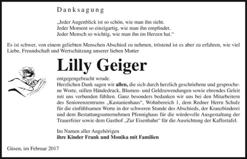  Traueranzeige für Lilly Geiger  vom 25.02.2017 aus Magdeburger Volksstimme