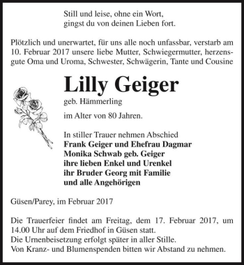 Traueranzeige von Lilly Geiger (geb. Hämmerling)  von Magdeburger Volksstimme
