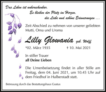 Traueranzeige von Lilly Glowania (geb. Wolff)  von Magdeburger Volksstimme