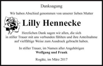 Traueranzeige von Lilly Hennecke  von Magdeburger Volksstimme
