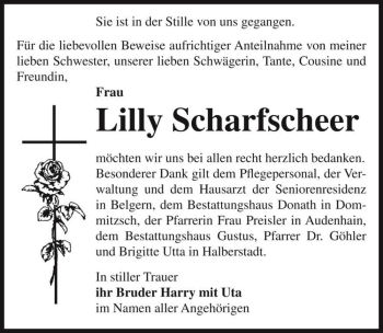 Traueranzeige von Lilly Scharfscheer  von Magdeburger Volksstimme