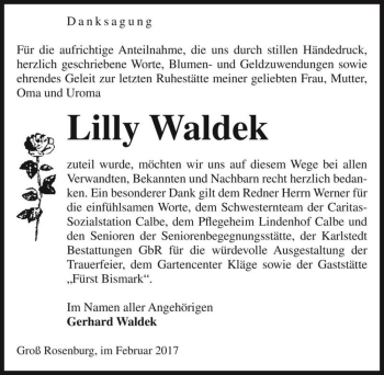 Traueranzeige von Lilly Waldek  von Magdeburger Volksstimme