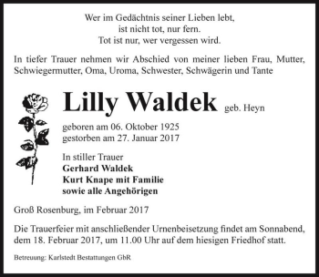 Traueranzeige von Lilly Waldek (geb. Heyn)  von Magdeburger Volksstimme