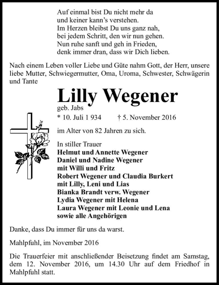  Traueranzeige für Lilly Wegener (geb. Jabs)  vom 09.11.2016 aus Magdeburger Volksstimme