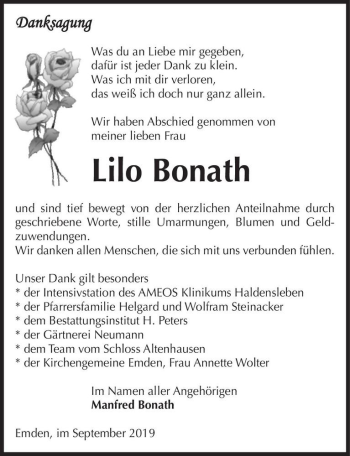 Traueranzeige von Lilo Bonath  von Magdeburger Volksstimme