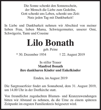 Traueranzeige von Lilo Bonath (geb. Peine)  von Magdeburger Volksstimme