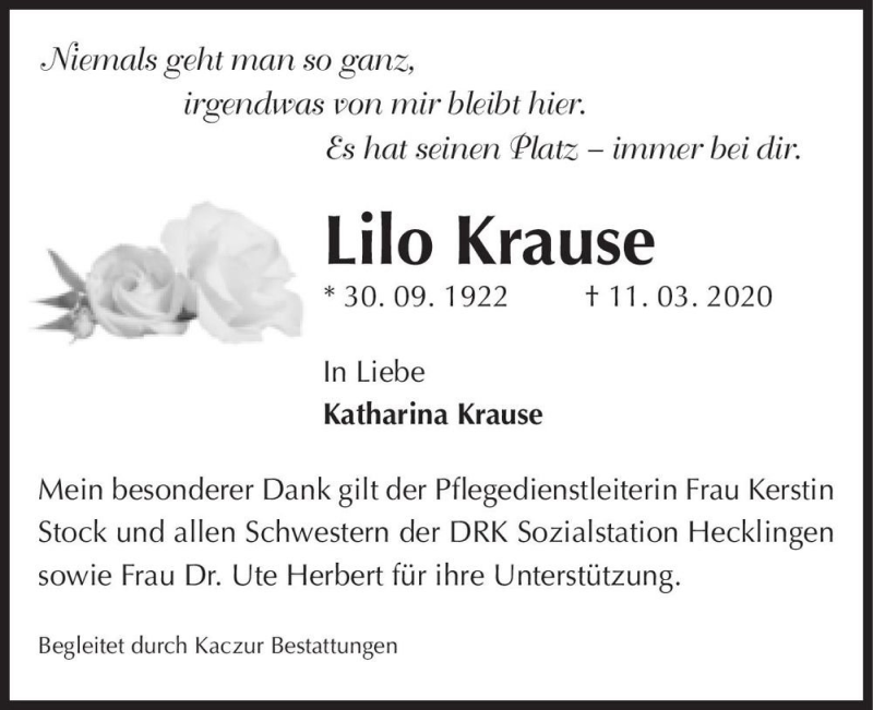  Traueranzeige für Lilo Krause  vom 19.03.2020 aus Magdeburger Volksstimme