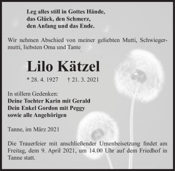 Traueranzeige von Lilo Kätzel  von Magdeburger Volksstimme