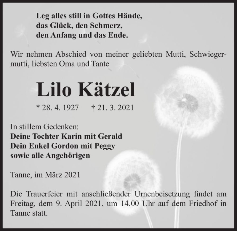  Traueranzeige für Lilo Kätzel  vom 27.03.2021 aus Magdeburger Volksstimme
