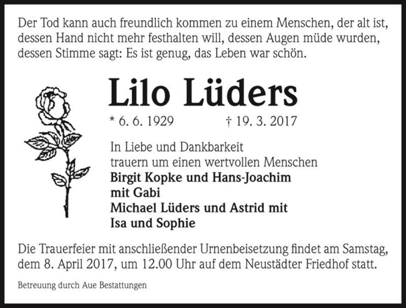  Traueranzeige für Lilo Lüders  vom 25.03.2017 aus Magdeburger Volksstimme
