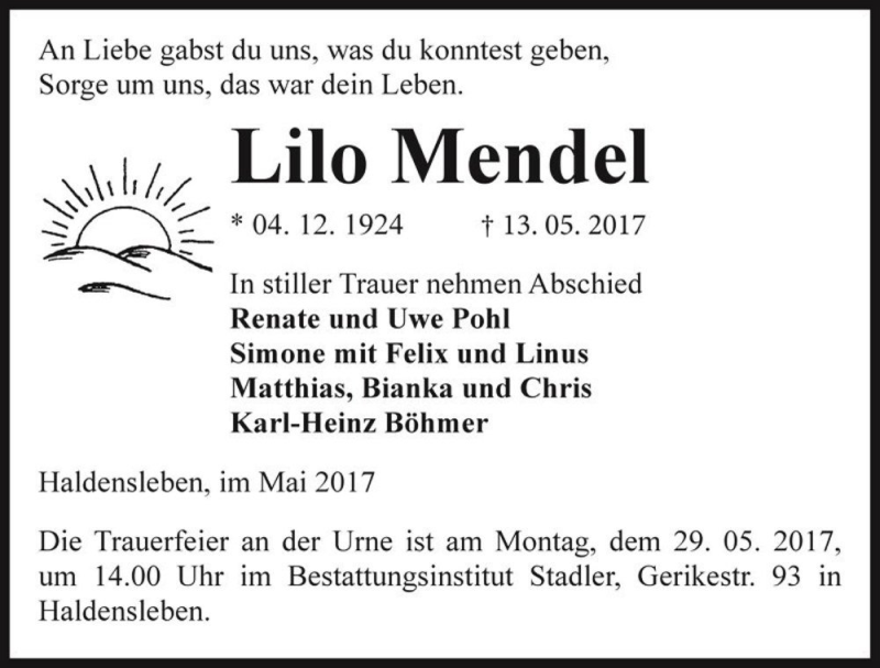  Traueranzeige für Lilo Mendel  vom 27.05.2017 aus Magdeburger Volksstimme