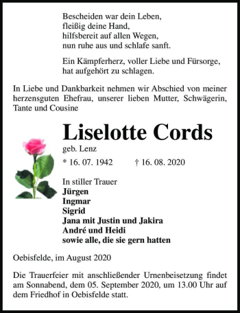 Traueranzeige von Lilselotte Cords (geb. Lenz)  von Magdeburger Volksstimme