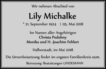 Traueranzeige von Lily Michalke  von Magdeburger Volksstimme