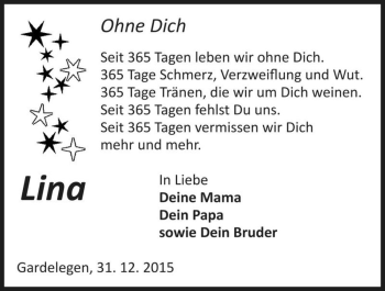 Traueranzeige von Lina  von Magdeburger Volksstimme