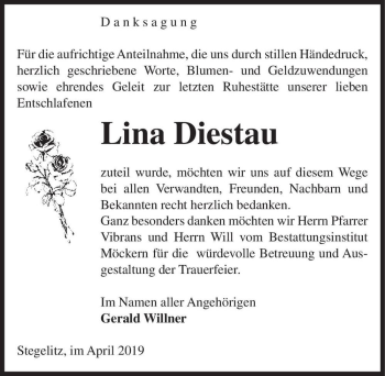 Traueranzeige von Lina Diestau  von Magdeburger Volksstimme