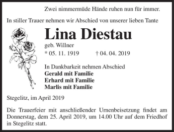 Traueranzeige von Lina Diestau (geb. Willner)  von Magdeburger Volksstimme
