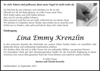 Traueranzeige von Lina Emmy Krenzlin  von Magdeburger Volksstimme