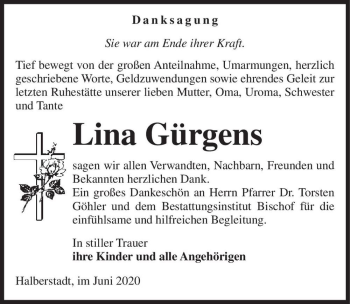 Traueranzeige von Lina Gürgens  von Magdeburger Volksstimme