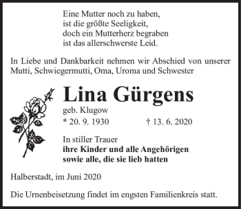Traueranzeige von Lina Gürgens (geb. Klugow)  von Magdeburger Volksstimme