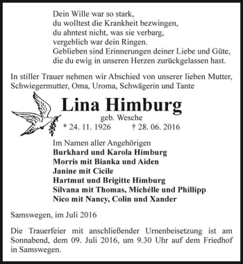 Traueranzeige von Lina Himburg (geb. Wesche)  von Magdeburger Volksstimme