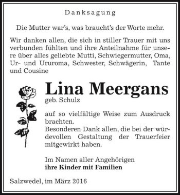 Traueranzeige von Lina Meergans (geb. Schulz)  von Magdeburger Volksstimme