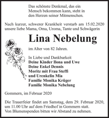 Traueranzeige von Lina Nebelung  von Magdeburger Volksstimme