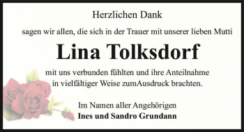 Traueranzeige von Lina Tolksdorf  von Magdeburger Volksstimme