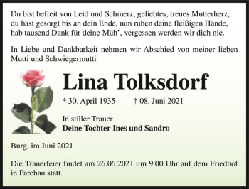 Traueranzeige von Lina Tolksdorf  von Magdeburger Volksstimme