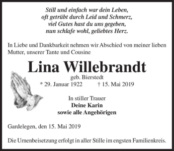 Traueranzeige von Lina Willebrandt (geb. Bierstedt)  von Magdeburger Volksstimme