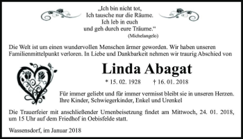 Traueranzeige von Linda Abagat  von Magdeburger Volksstimme
