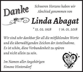 Traueranzeige von Linda Abagat  von Magdeburger Volksstimme