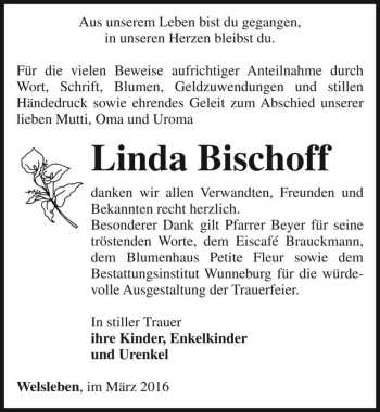 Traueranzeige von Linda Bischoff  von Magdeburger Volksstimme