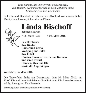 Traueranzeige von Linda Bischoff (geb. Barsch)  von Magdeburger Volksstimme