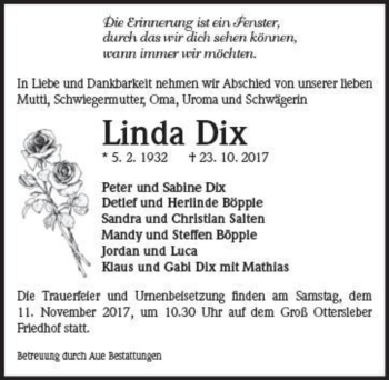 Traueranzeige von Linda Dix  von Magdeburger Volksstimme
