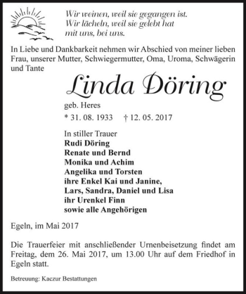 Traueranzeige von Linda Döring (geb. Heres)  von Magdeburger Volksstimme