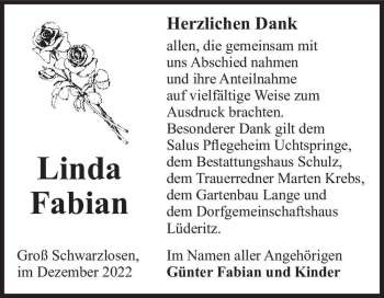 Traueranzeige von Linda Fabian  von Magdeburger Volksstimme