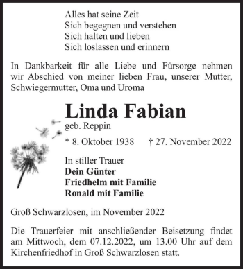 Traueranzeige von Linda Fabian (geb. Reppin)  von Magdeburger Volksstimme