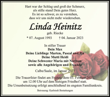 Traueranzeige von Linda Heinitz (geb. Riecke)  von Magdeburger Volksstimme